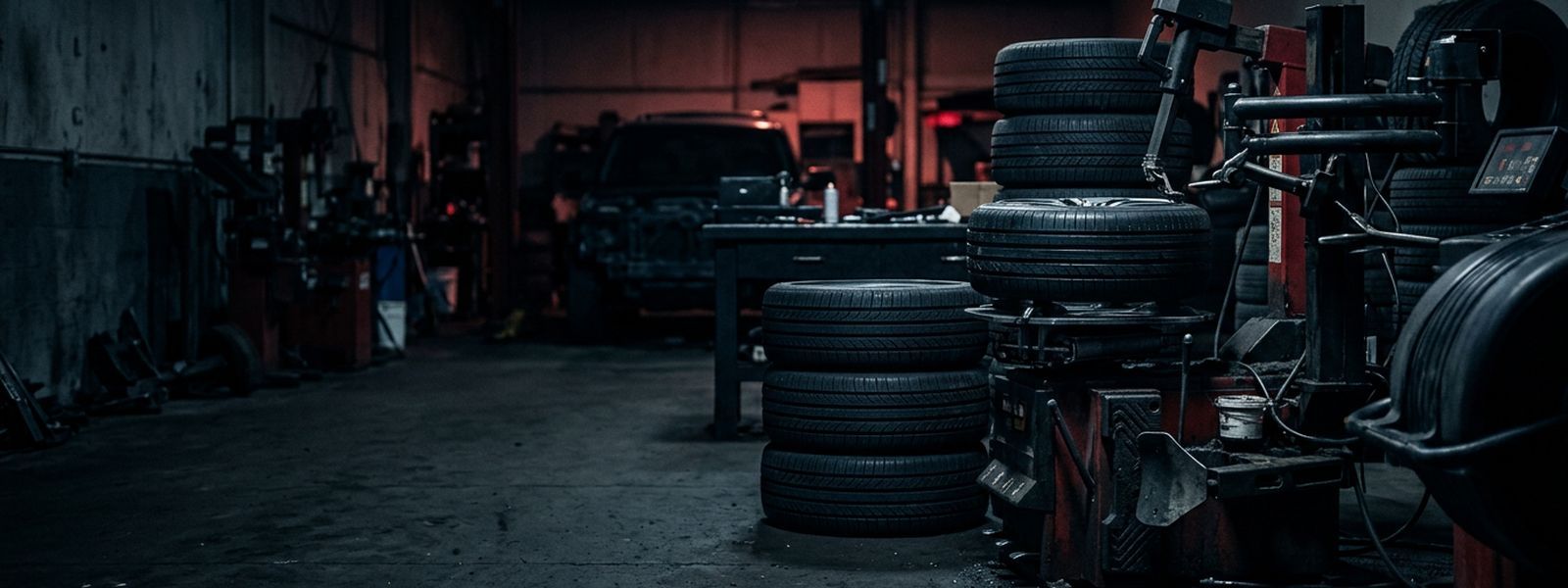 A balancer spinning a wheel with new tires stacked in the bay
