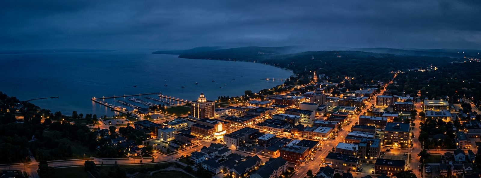 Aerial view of the Traverse City, Michigan skyline at dusk, illustrating the metro area TactStack serves structural steel businesses in