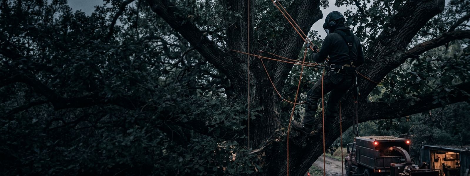 Climbing rope rigged high in a mature tree with a chipper truck staged below