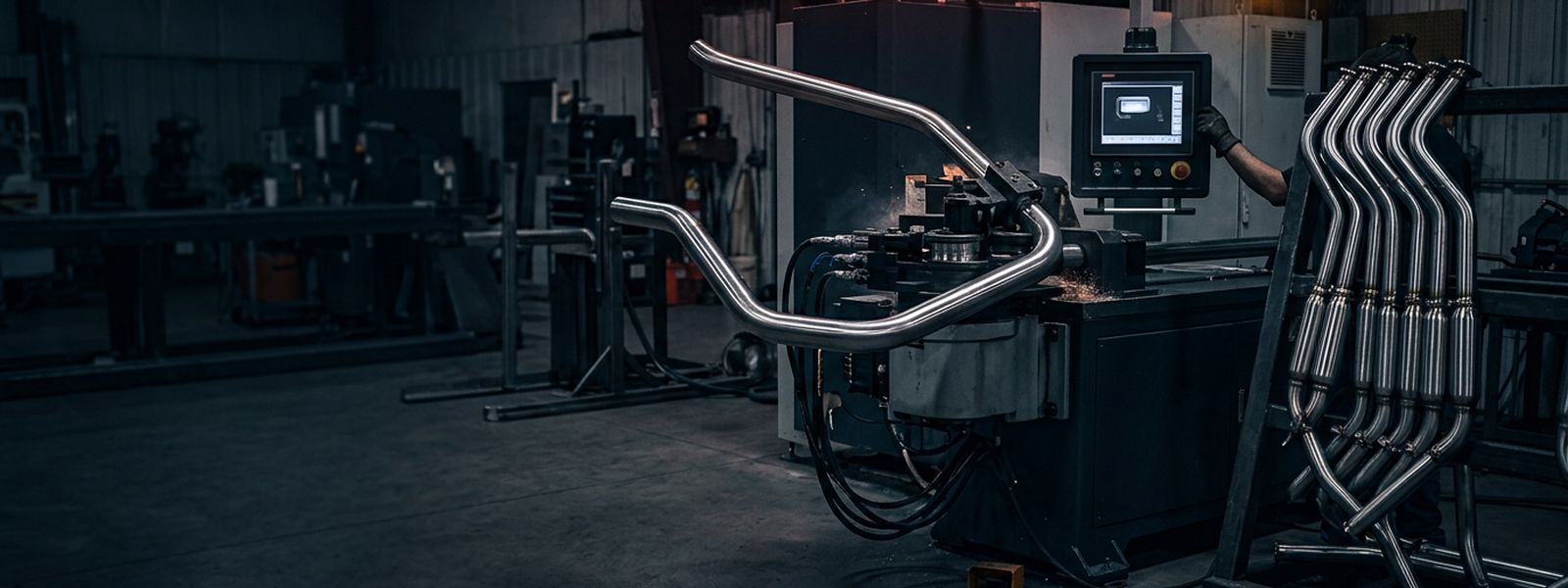 A CNC tube bender forming stainless tubing beside racked finished assemblies