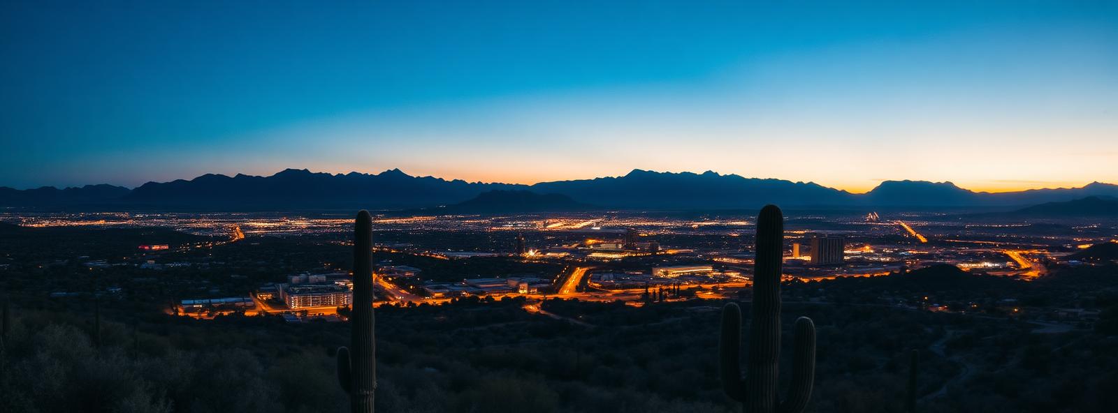Aerial view of the Tucson, Arizona skyline at dusk, illustrating the metro area TactStack serves structural steel businesses in