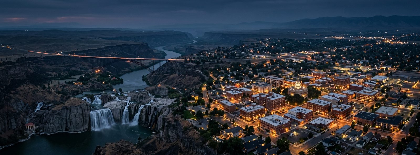 Aerial view of the Twin Falls, Idaho skyline at dusk, illustrating the metro area TactStack serves structural steel businesses in
