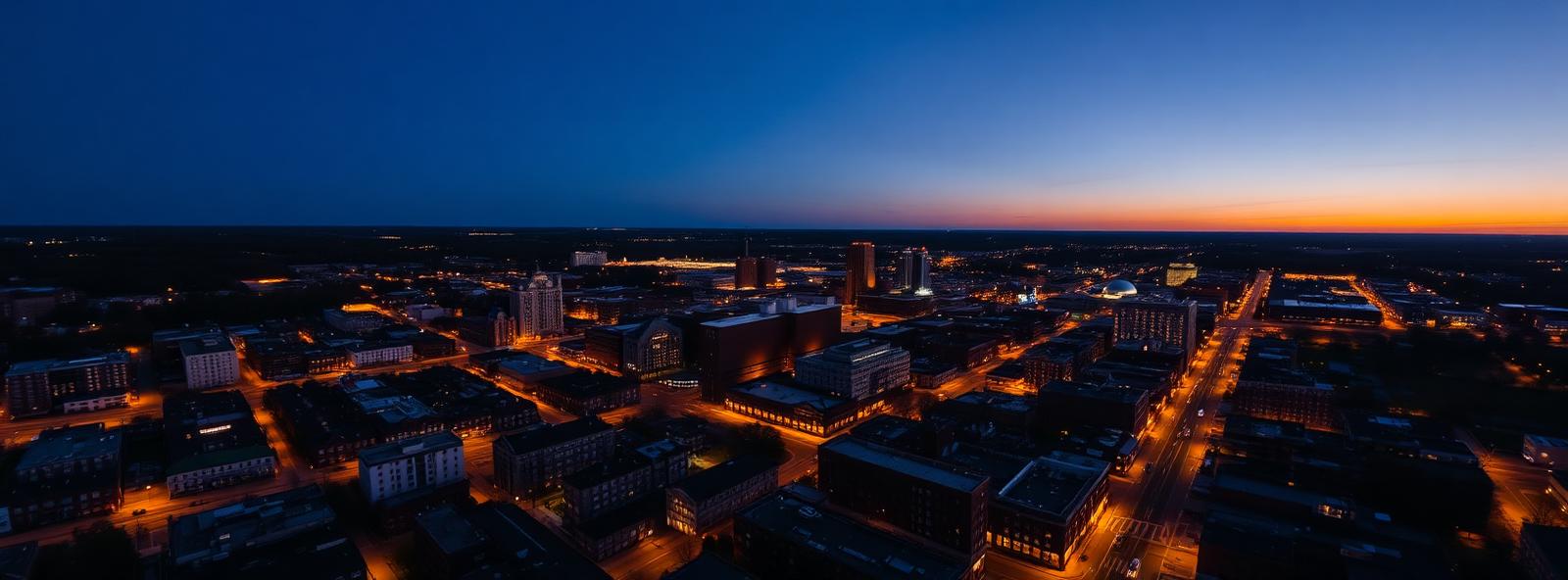 Aerial view of the Utica, New York skyline at dusk, illustrating the metro area TactStack serves structural steel businesses in