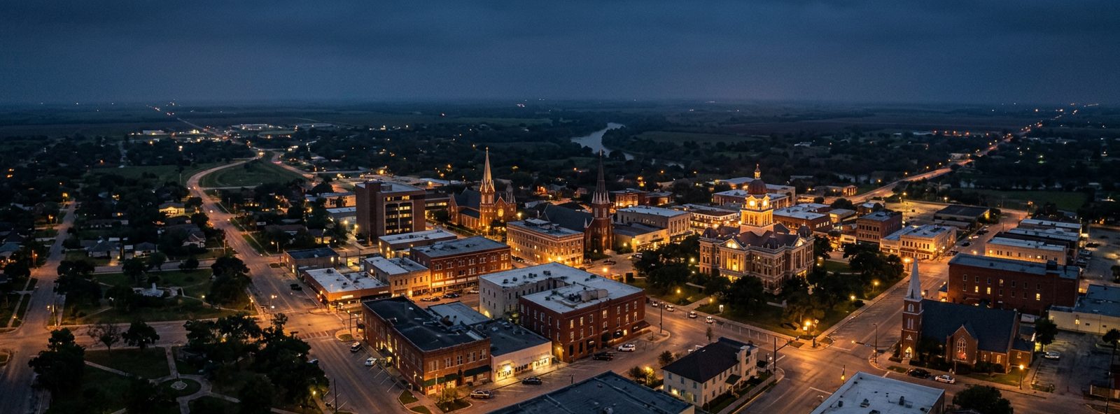 Aerial view of the Victoria, Texas skyline at dusk, illustrating the metro area TactStack serves structural steel businesses in