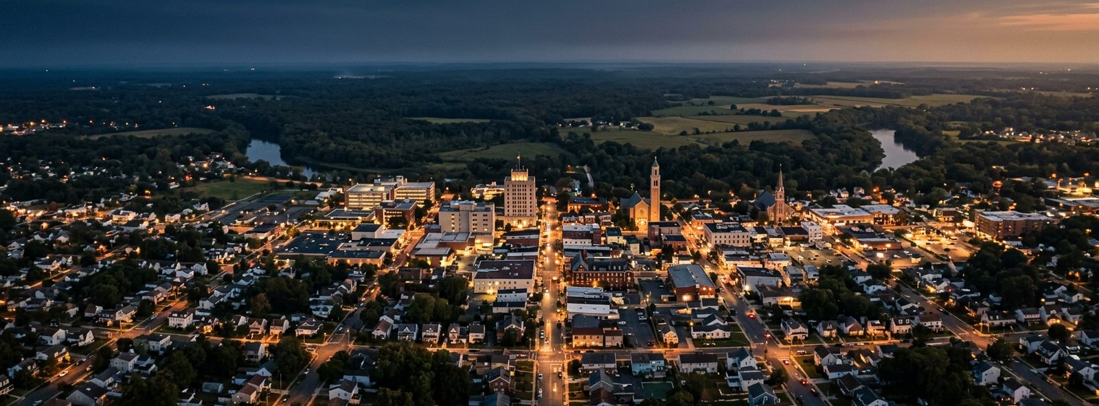 Aerial view of the Vineland, New Jersey skyline at dusk, illustrating the metro area TactStack serves structural steel businesses in