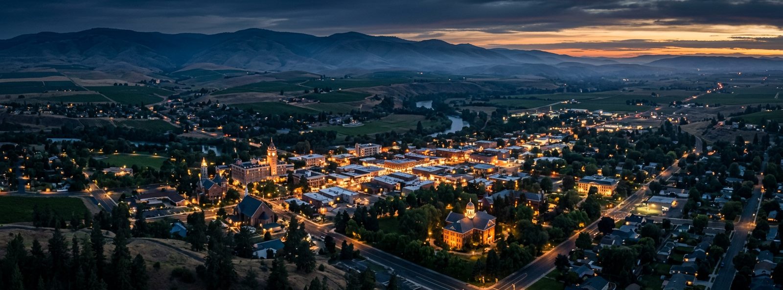 Aerial view of the Walla Walla, Washington skyline at dusk, illustrating the metro area TactStack serves structural steel businesses in