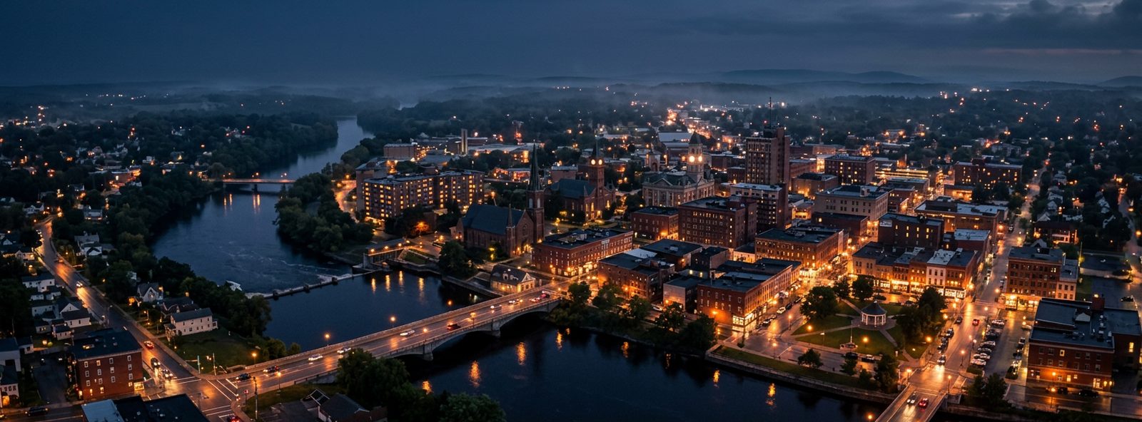 Aerial view of the Watertown, New York skyline at dusk, illustrating the metro area TactStack serves structural steel businesses in