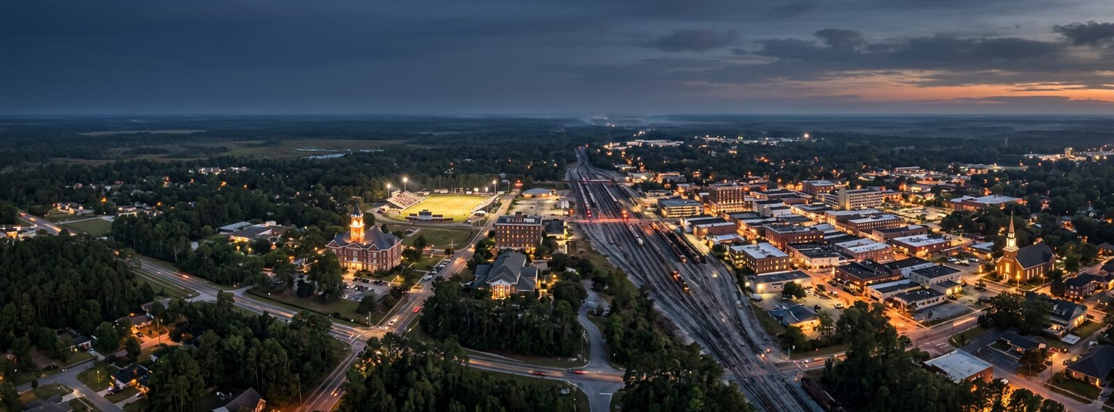 Aerial view of the Waycross, Georgia skyline at dusk, illustrating the metro area TactStack serves structural steel businesses in