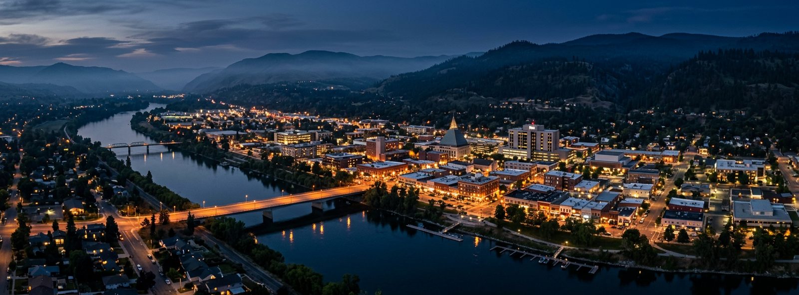 Aerial view of the Wenatchee, Washington skyline at dusk, illustrating the metro area TactStack serves structural steel businesses in