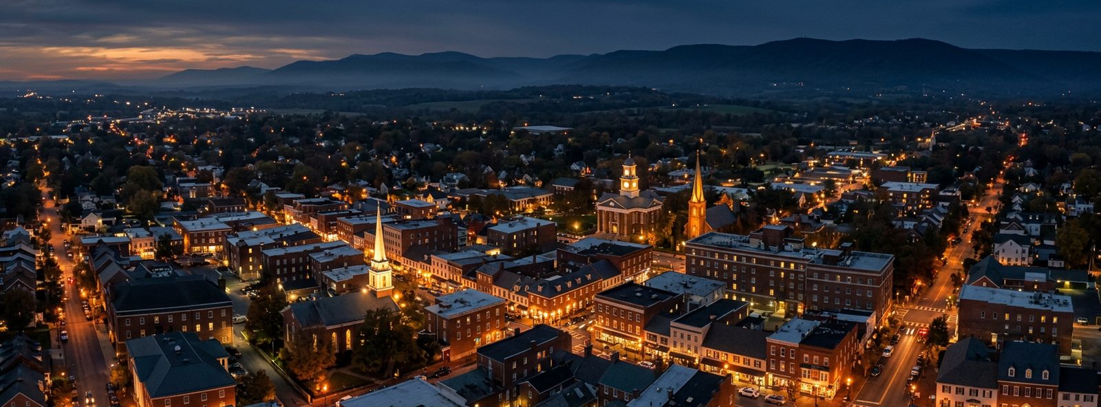 Aerial view of the Winchester, Virginia skyline at dusk, illustrating the metro area TactStack serves structural steel businesses in