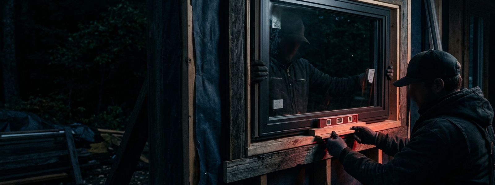 A replacement window being set and shimmed into a home opening