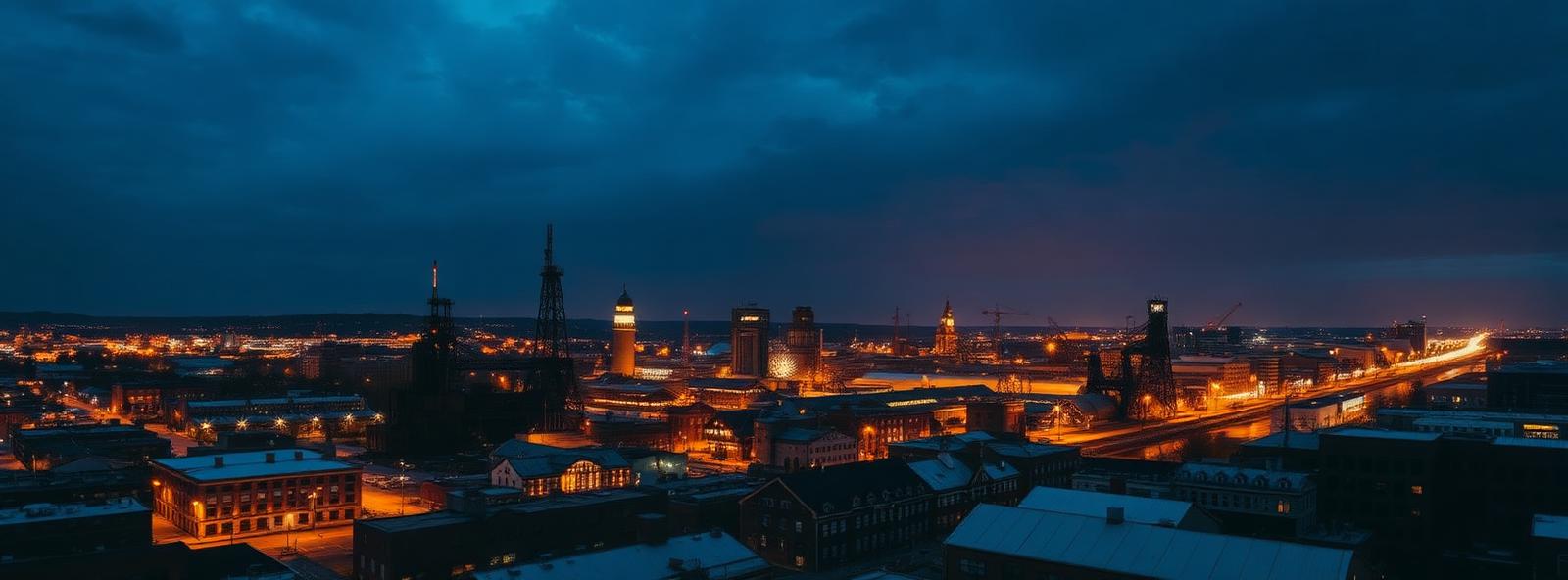 Aerial view of the Youngstown, Ohio skyline at dusk, illustrating the metro area TactStack serves structural steel businesses in